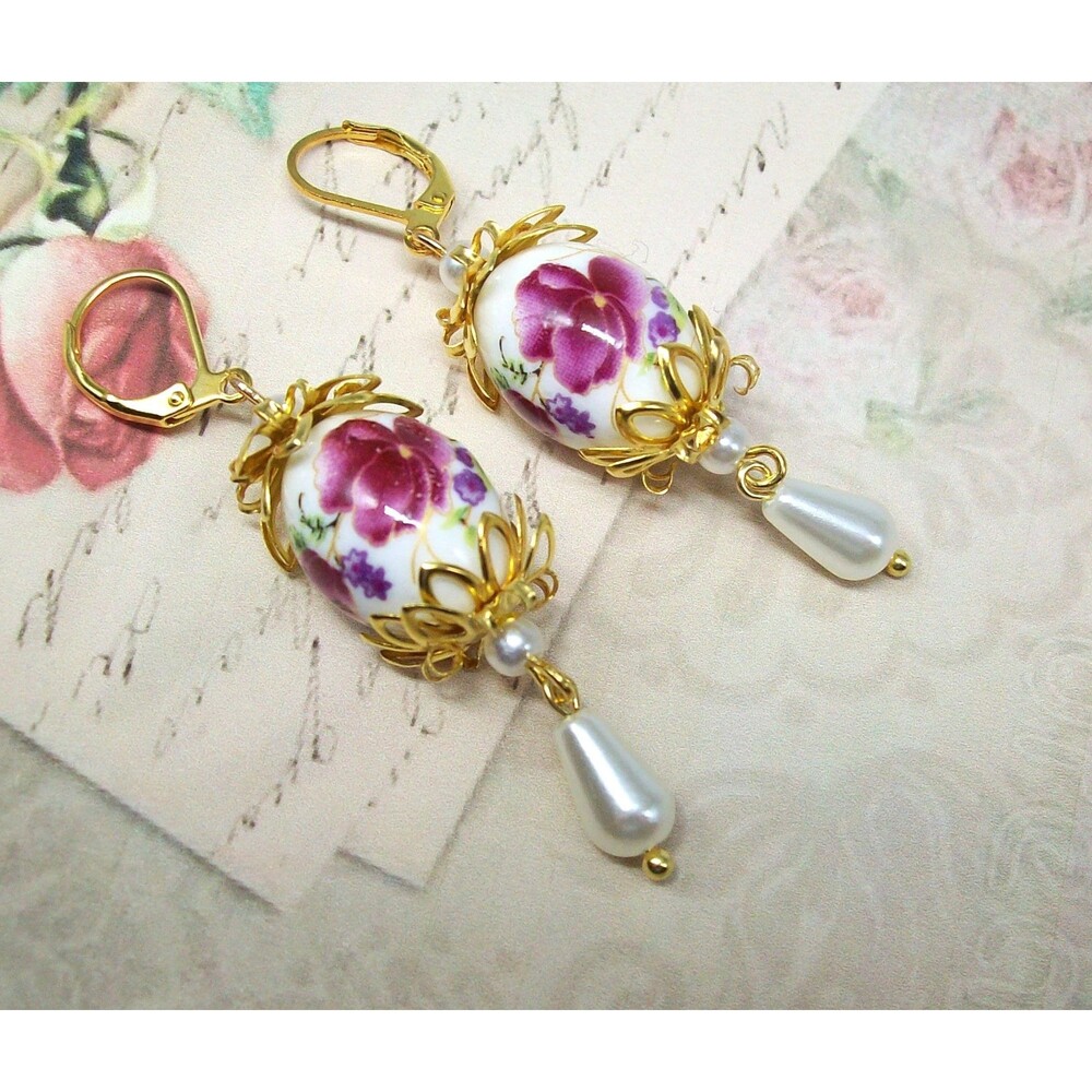 Bridal Earrings Wedding Jewelry, Porcelain Dangles, Bridesmaid Pearl Jewelry